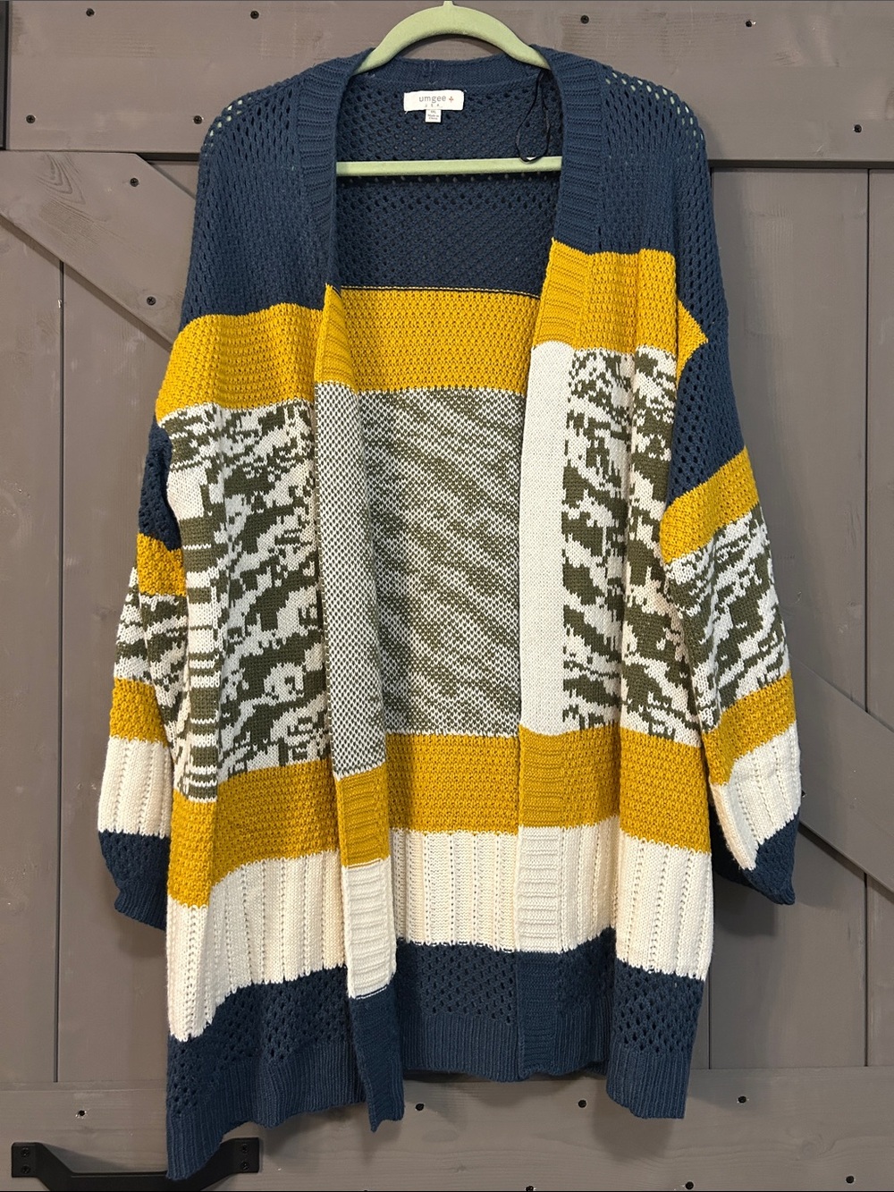 Umgee Navy, Mustard & Cream Open Cardigan with Patterned Panels